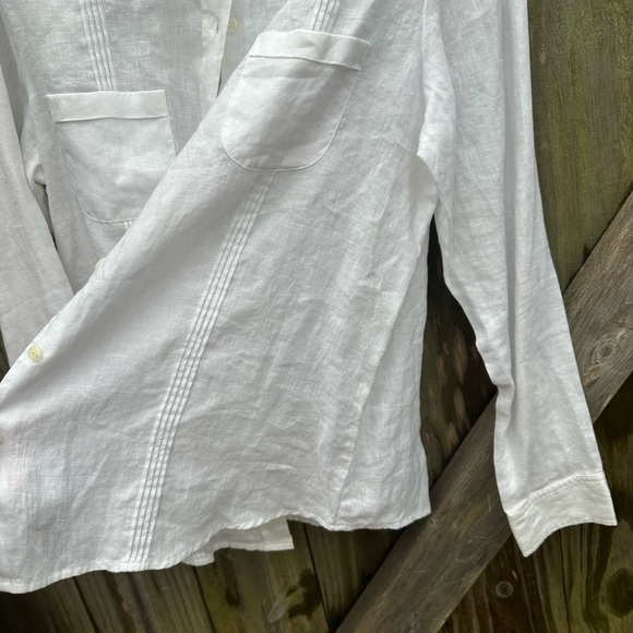 Liz Claiborne 100% Linen White Pleated Detail Collared Plus Size Button Down Top - Picture 6 of 8